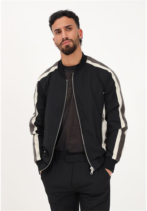 Black men's windbreaker with leather inserts and color block motif YES LONDON | XG5179NERO-FANGO