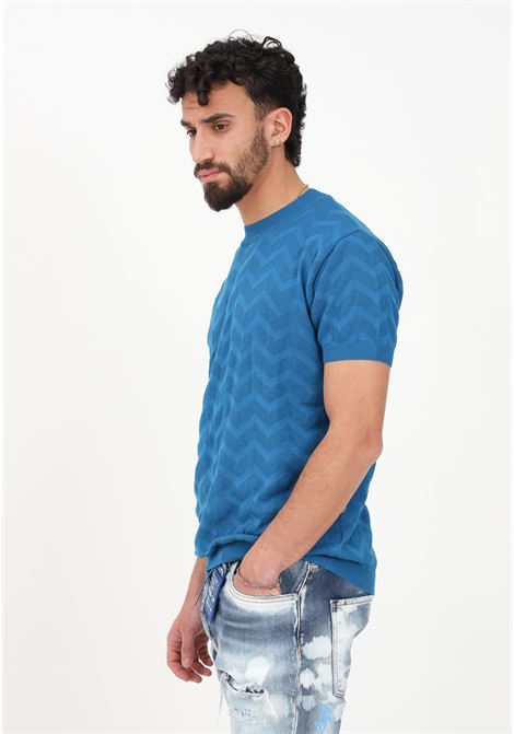 Teal green men's casual t-shirt with zig zag pattern YES LONDON | T-shirt | XML3540OTTANIO