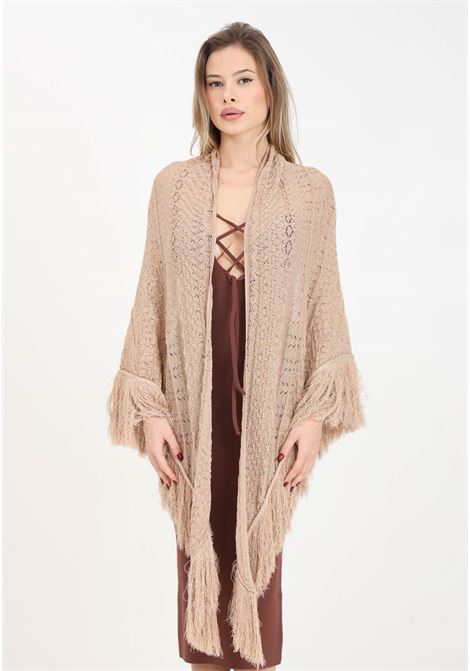 Mantella da donna color sabbia in maglia lurex AKEP | Mantelle | ACKD05070SABBIA