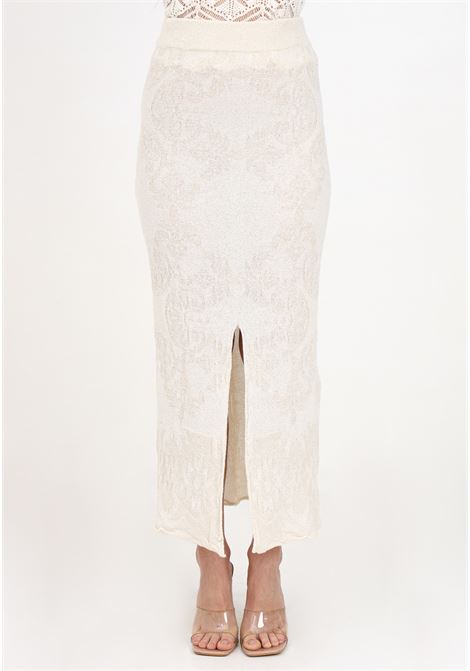 Long cream skirt for women in bouclé knit with geometric design AKEP | Skirts | GOKD05043PANNA
