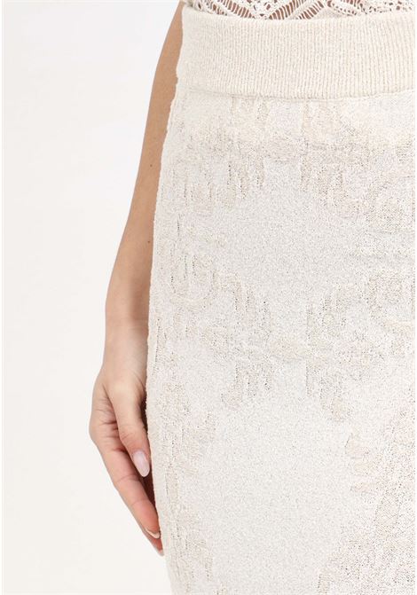Long cream skirt for women in bouclé knit with geometric design AKEP | GOKD05043PANNA