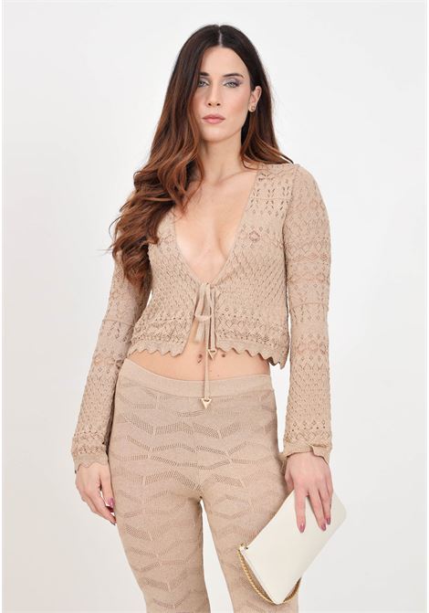 Sand colored women's shrug with perforated texture AKEP | Cardigan | MGKD05070SABBIA