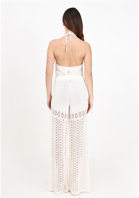 Women's cream trousers with perforated texture AKEP | Pants | PTKD05074PANNA