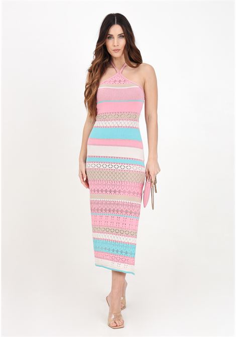 Long striped lace knit dress for women with American neckline AKEP | Dresses | VSKD05016.