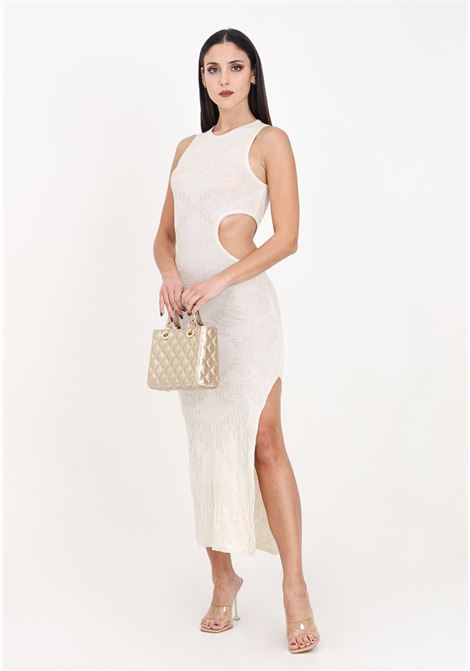 Long cream women's dress in bouclé knit with tone-on-tone design AKEP | Dresses | VSKD05044PANNA
