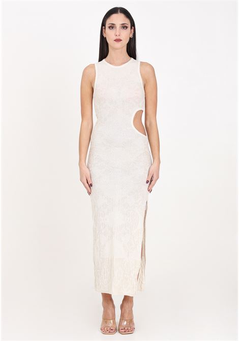 Long cream women's dress in bouclé knit with tone-on-tone design AKEP | VSKD05044PANNA