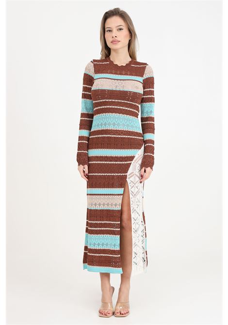 Long multicolor women's dress in lurex knit with slit AKEP | Dresses | VSKD05045MORO