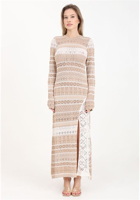Long cream and sand women's dress in lurex knit with slit AKEP | Dresses | VSKD05045PANNA