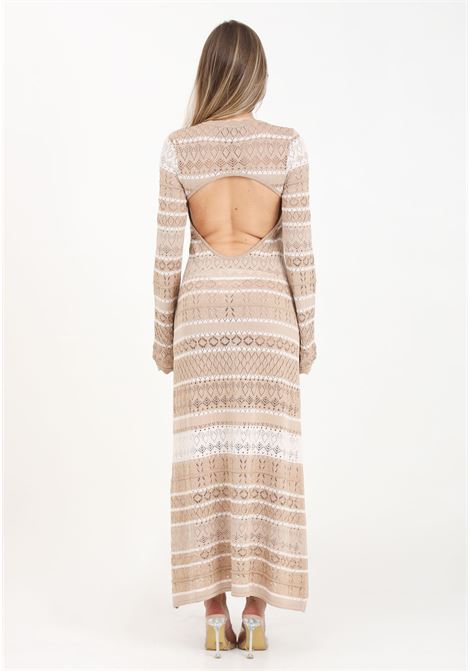 Long cream and sand women's dress in lurex knit with slit AKEP | VSKD05045PANNA