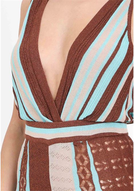 Women's knitted jumpsuit in lace stitch with multicolor lurex stripes AKEP | VSKD05056MORO