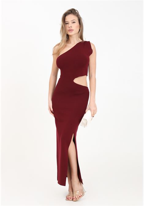 Long burgundy one-shoulder women's dress AKEP | Dresses | VSKD05082BORDEAUX