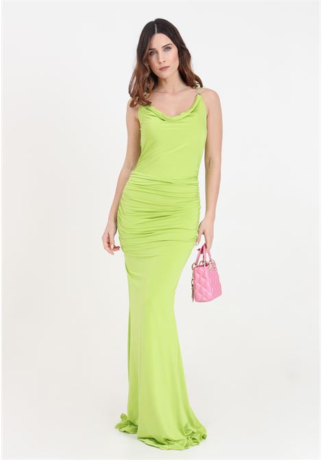 Long lime green women's dress with golden metal details on the straps ALMA SANCHEZ | ABITO ALBILIME