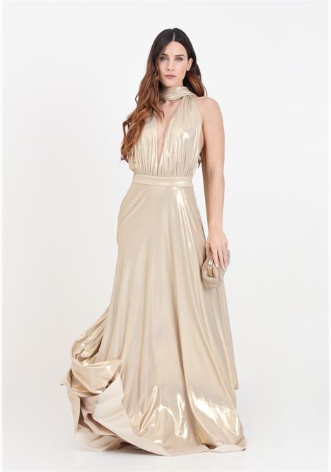 Long golden women's dress with two bands that tie in different variations ALMA SANCHEZ | ABITO ANDERORO LIGHT