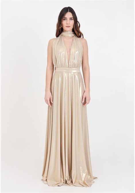 Long golden women's dress with two bands that tie in different variations ALMA SANCHEZ | ABITO ANDERORO LIGHT