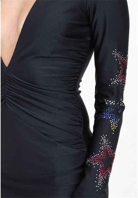 Short black women's dress with star rhinestone details on the sleeves AMEN | HMS24410009