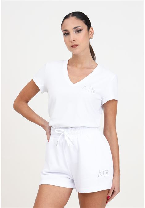 T-shirt da donna bianca con logo ricamato e con strass ARMANI EXCHANGE | 3DYT62YJCTZ1000