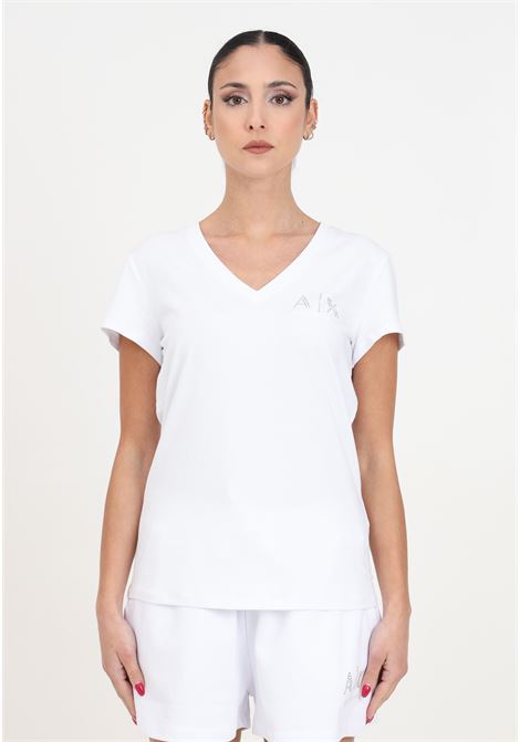 T-shirt da donna bianca con logo ricamato e con strass ARMANI EXCHANGE | 3DYT62YJCTZ1000