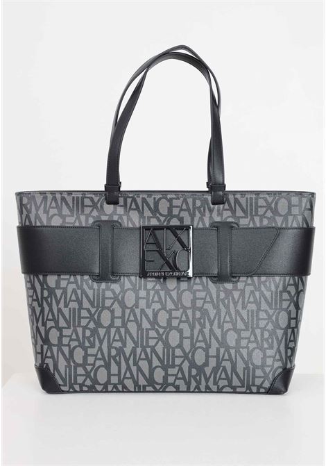 Black and gray women's bag with black metal logo plate band and allover logo ARMANI EXCHANGE | 9491273F74200850