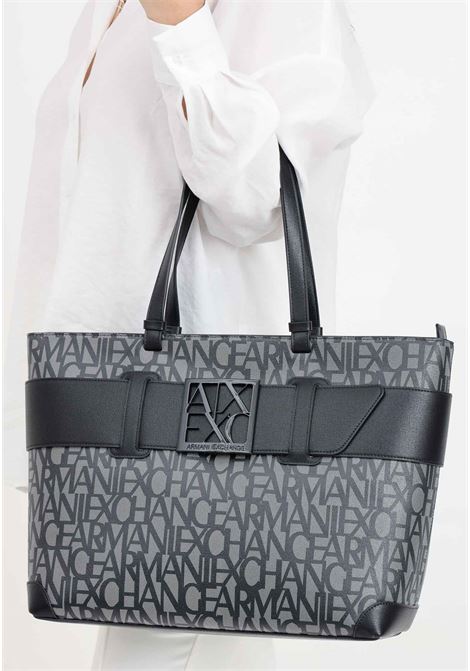 Black and gray women's bag with black metal logo plate band and allover logo ARMANI EXCHANGE | 9491273F74200850