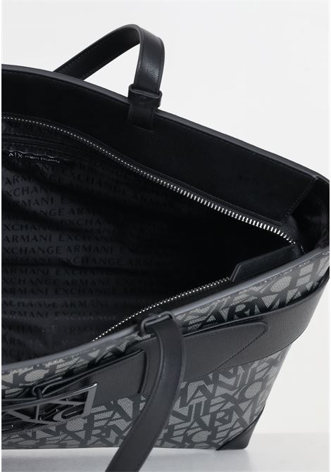 Black and gray women's bag with black metal logo plate band and allover logo ARMANI EXCHANGE | Bags | 9491273F74200850