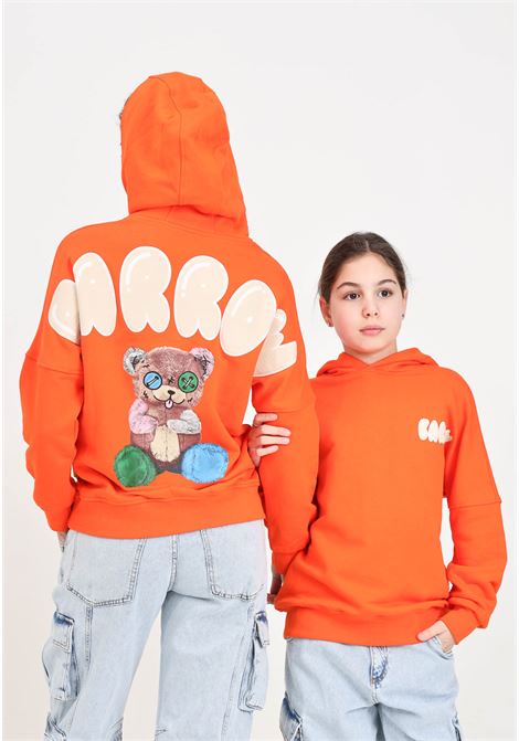 Orange baby girl sweatshirt with teddy bear print and logo on the back BARROW | Hoodie | S4BKJUHS114030