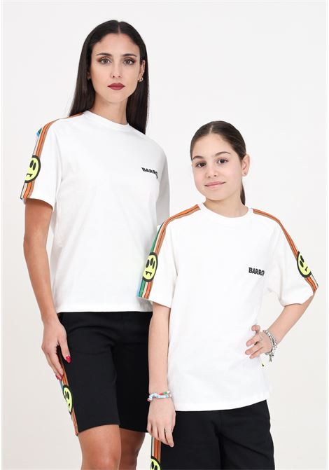 White t-shirt for women and girls with stripes on the sleeves and smiley face with logo on the front BARROW | T-shirt | S4BKJUTH017002