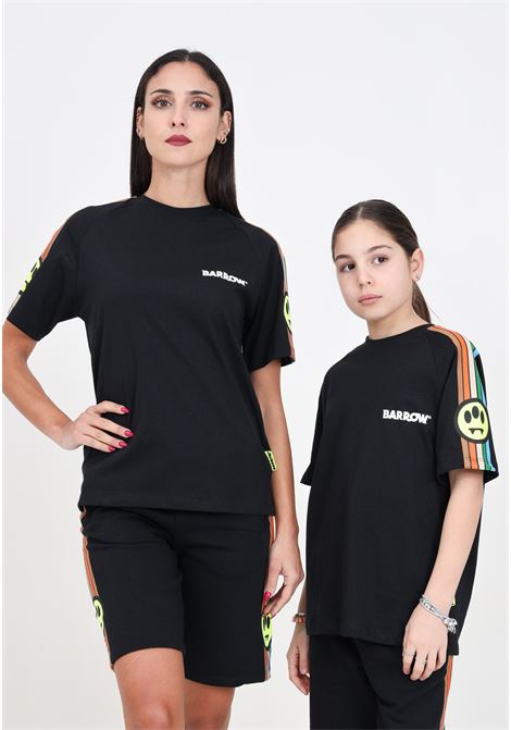 Black women's t-shirt for girls with stripes on the sleeves and smiley face with logo on the front BARROW | T-shirt | S4BKJUTH017110