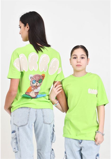 T-shirt verde acido donna bambina con logo e orsetto sul retro BARROW | S4BKJUTH116253