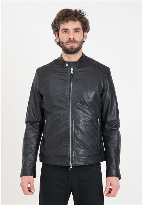 Men's black leather jacket with two-way zip BOMBOOGIE | JMROY-P-LGS490