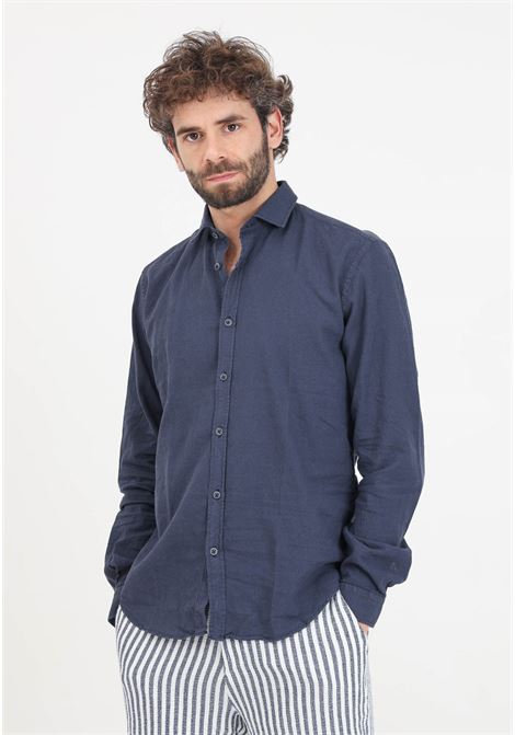 Camicia da uomo blu notte in lino BOMBOOGIE | Camicie | SM6402-T-LI220
