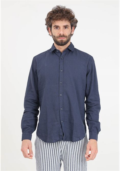 Camicia da uomo blu notte in lino BOMBOOGIE | SM6402-T-LI220
