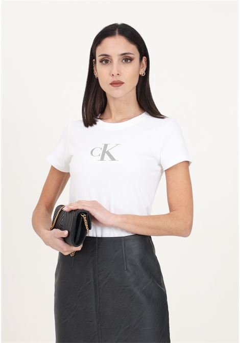 Bright white short sleeve women's t-shirt with print and sequins CALVIN KLEIN JEANS | J20J222961YAFYAF