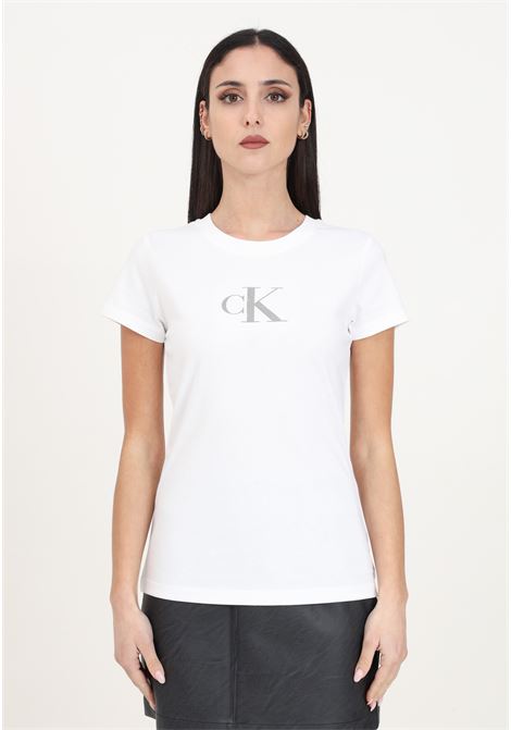 T-shirt da donna bright white manica corta con stampa e paillettes CALVIN KLEIN JEANS | J20J222961YAFYAF