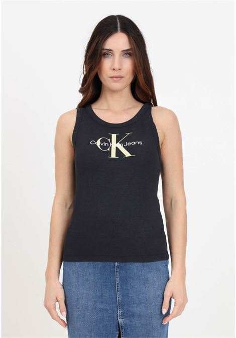 Black women's ribbed tank top with white and yellow logo print CALVIN KLEIN JEANS | Tops | J20J223160BEHBEH