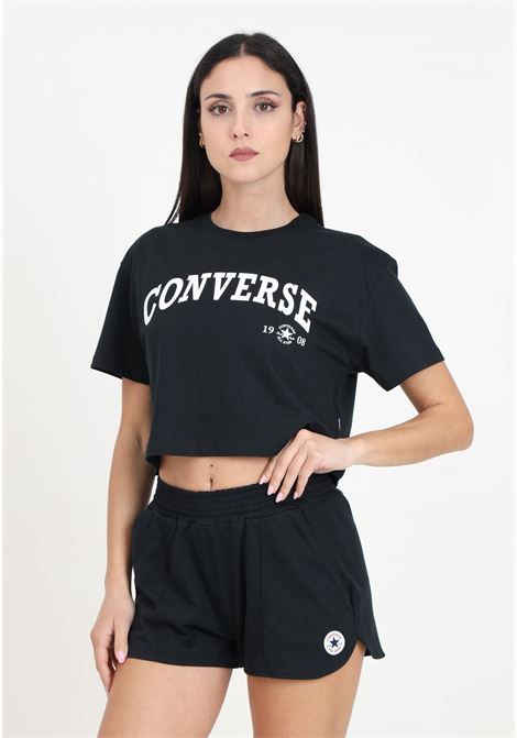 T-shirt crop da donna nera con maxi stampa logo CONVERSE | 10027151-A02.