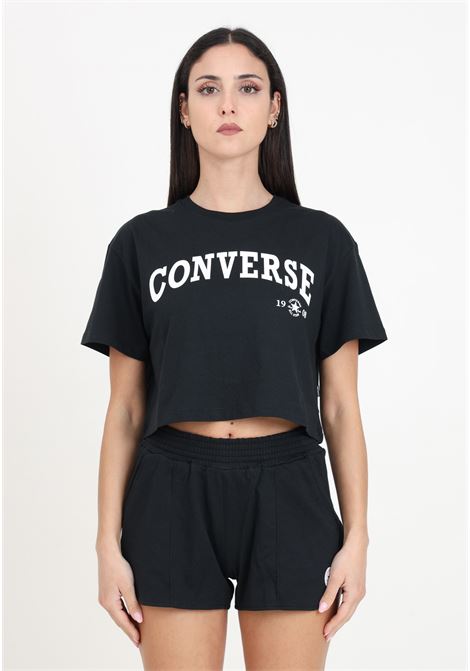T-shirt crop da donna nera con maxi stampa logo CONVERSE | T-shirt | 10027151-A02.