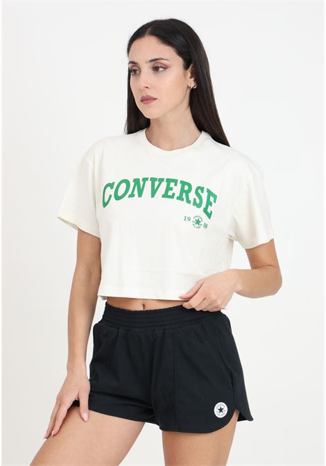 T-shirt crop da donna panna con maxi stampa logo CONVERSE | 10027151-A03.