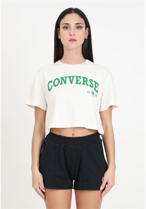 Cream women's crop t-shirt with maxi logo print CONVERSE | T-shirt | 10027151-A03.