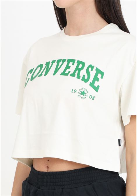 T-shirt crop da donna panna con maxi stampa logo CONVERSE | 10027151-A03.