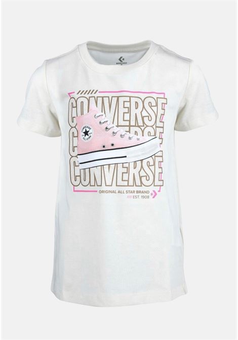 T-shirt da bambina crema e rosa con stampa sul davanti CONVERSE | 4CF491W2Y