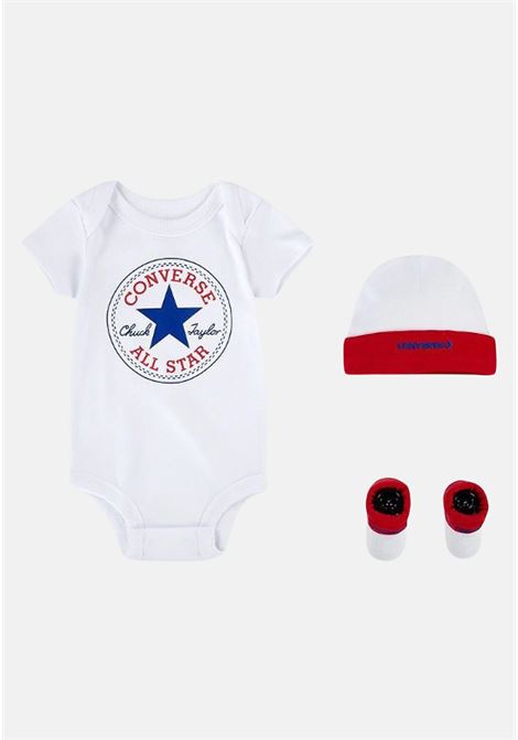 Completino neonato bianco blu rosso, composto da cappellino body e calzini CONVERSE | LC0028R4F