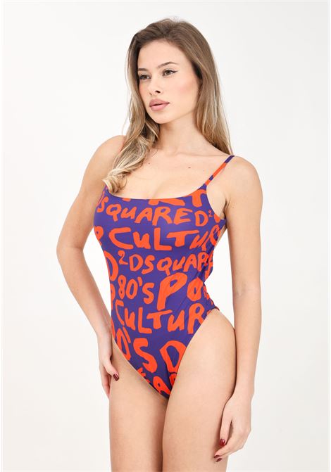 Monokini da donna viola con logo allover in arancione DSQUARED2 | Beachwear | D6BU94810548