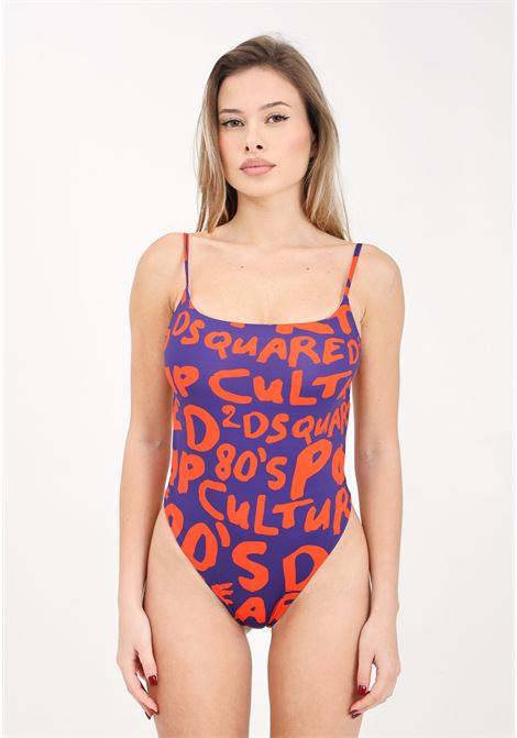 Purple women's monokini with allover orange logo DSQUARED2 | Beachwear | D6BU94810548