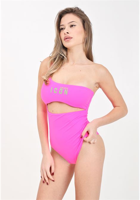 Fluorescent pink one-shoulder women's monokini with green logo print DSQUARED2 | Beachwear | D6BUP4750673