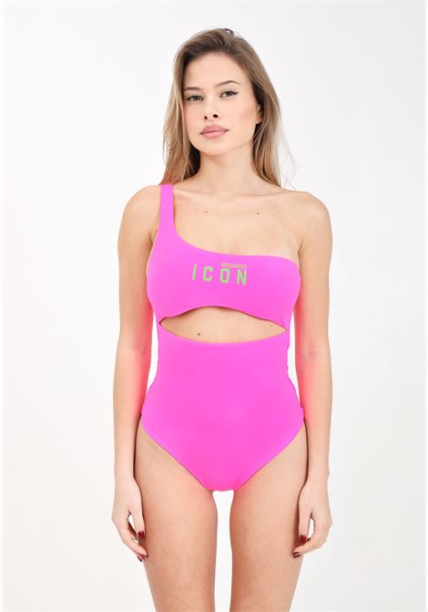 Fluorescent pink one-shoulder women's monokini with green logo print DSQUARED2 | D6BUP4750673