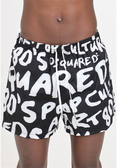 Shorts mare da uomo neri lettering logo allover bianco DSQUARED2 | Beachwear | D7B645580010