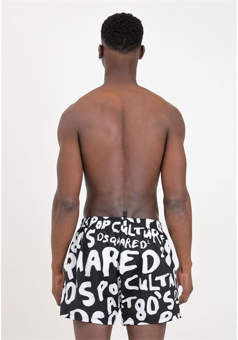 Shorts mare da uomo neri lettering logo allover bianco DSQUARED2 | Beachwear | D7B645580010