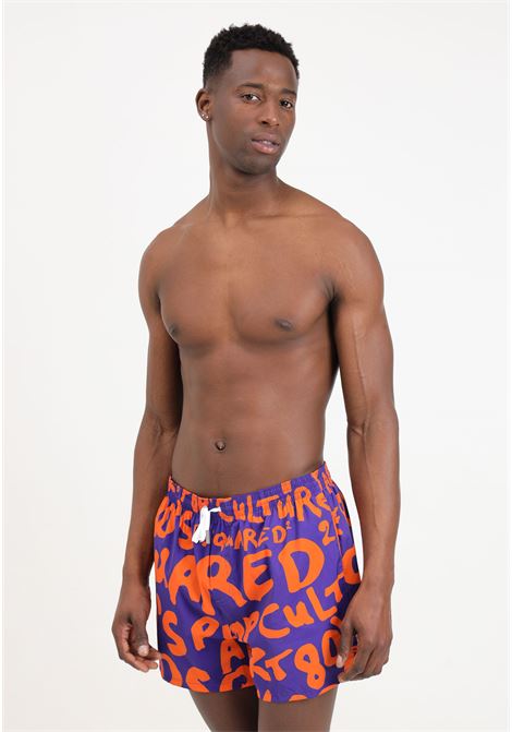 Purple men's swim shorts with orange allover lettering logo DSQUARED2 | Beachwear | D7B645580548