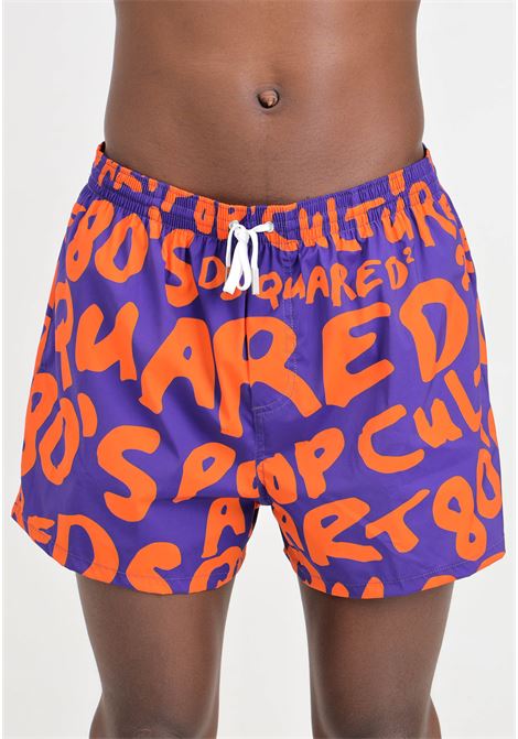 Purple men's swim shorts with orange allover lettering logo DSQUARED2 | D7B645580548