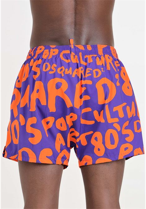 Shorts mare da uomo viola lettering logo allover arancione DSQUARED2 | Beachwear | D7B645580548